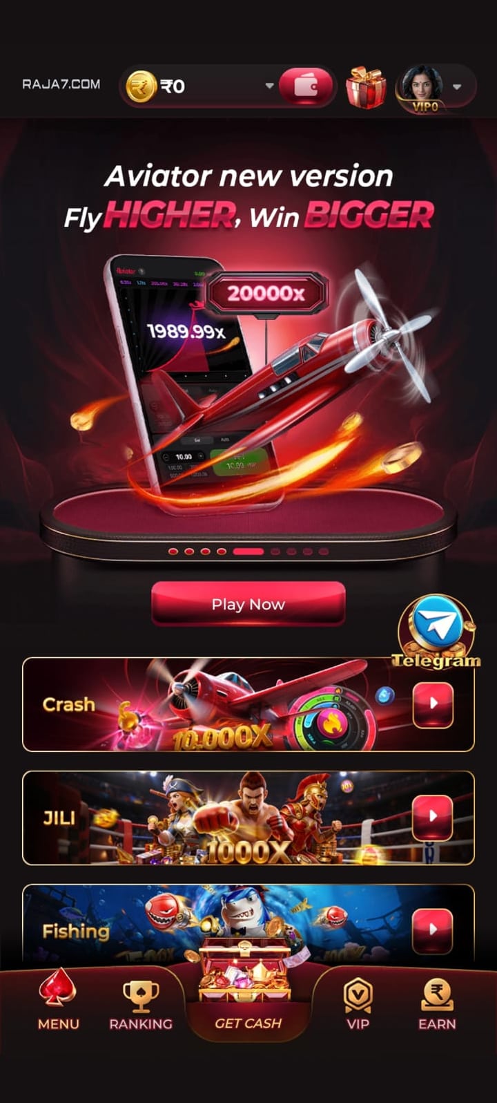 Raja7 APK v1.2.6 installed and running, showing the Aviator lobby