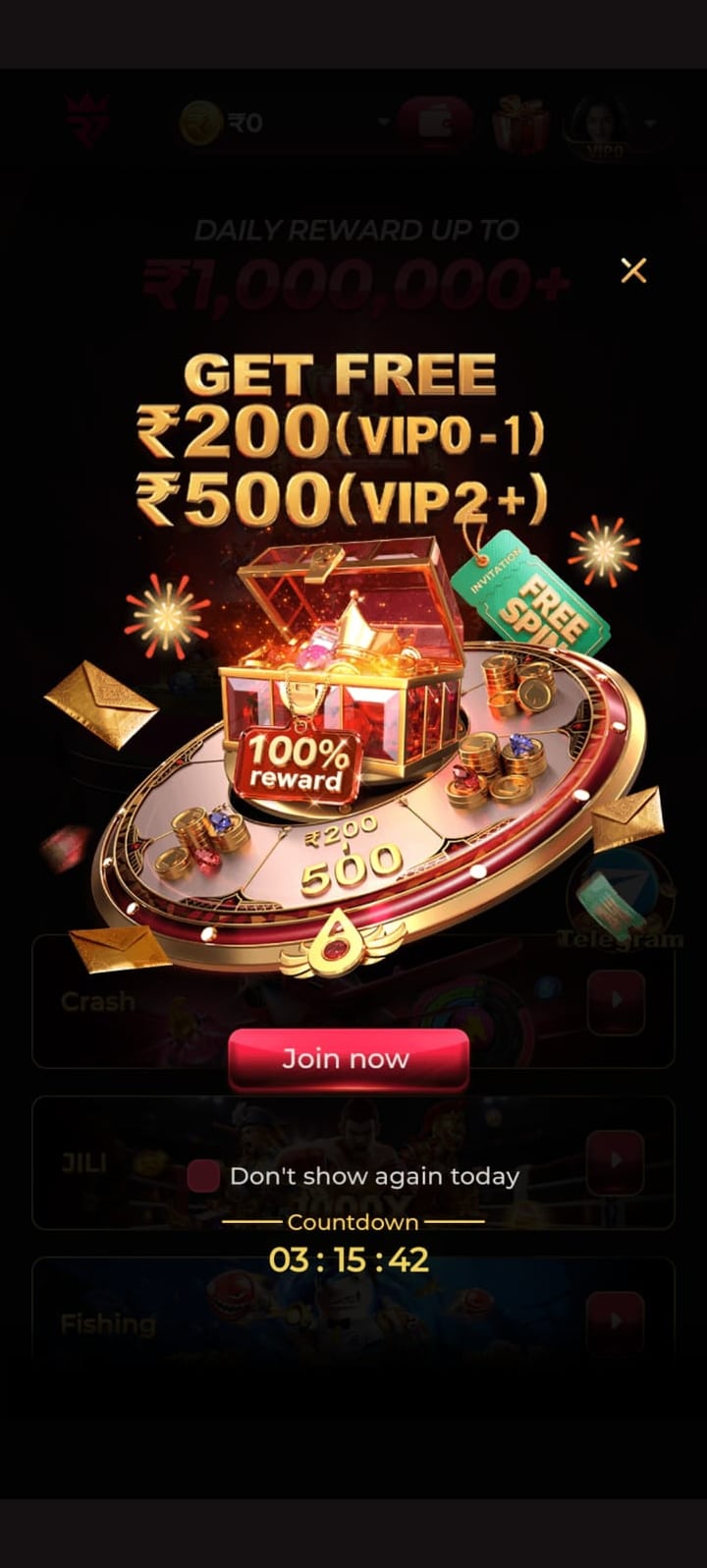 Raja7 signup screen showing the ₹200 – ₹500 free credit for new accounts